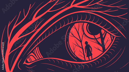 An eye with tree branch veins and a person in the pupil standing among trees in red and dark blue art