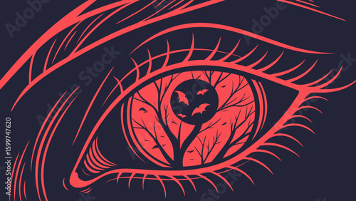 A stylized eye with a night scene reflected in the pupil featuring bats and bare trees at night
