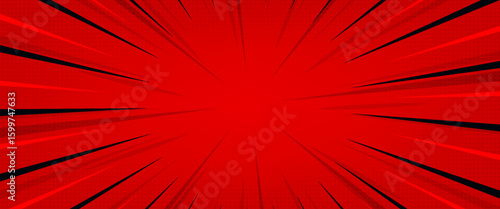 Red comic explosion background with radial speed lines and halftone dots. Perfect for pop art, superhero action, and dynamic retro comic-style designs.
