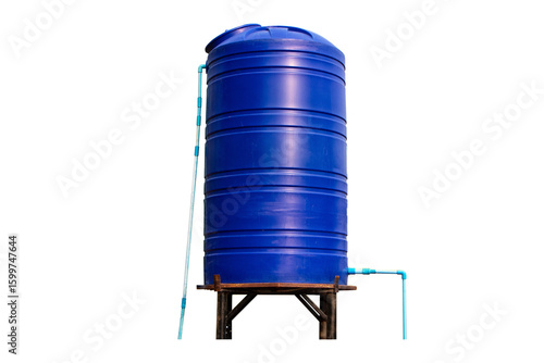 Old blue plastic water tank blue storage structure system with PVC pipes for water supply, cistern on large, strong steel structure platform isolated on cut out PNG or transparent background.