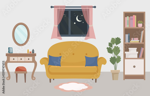 Cozy living room vector set with mustard sofa, dressing table, bookshelf and green houseplant. Window shows a peaceful night landscape with moonlight. Ideal for home decor, evening mood scenes