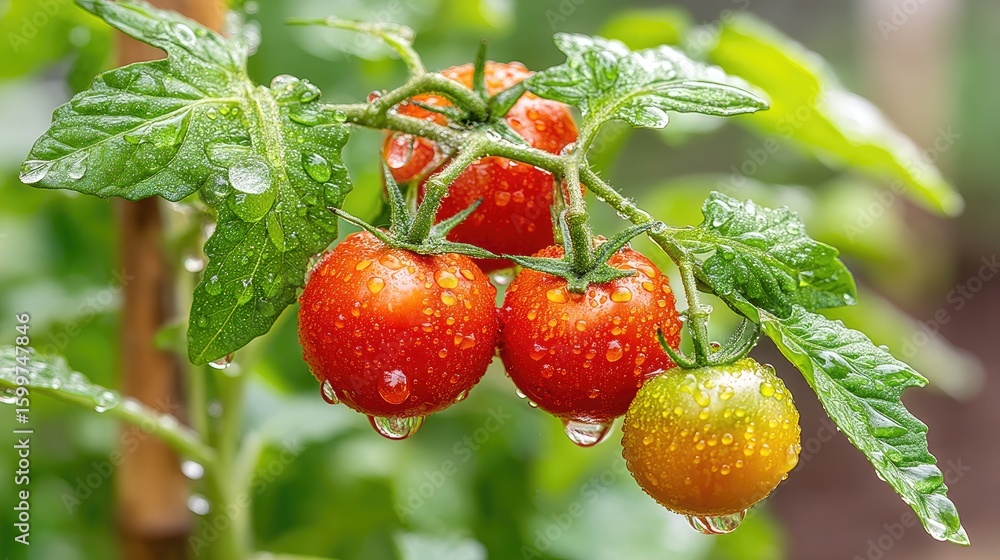 Obraz premium Tomatoes Growing on Vine with Water Droplets After Rain