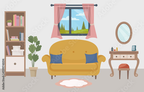 Cozy living room vector set with mustard sofa, dressing table, bookshelf and green houseplant. Window with a beautiful summer landscape. Ideal for home decor, seasonal content and interior design.