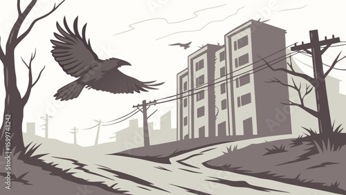 A crow flies over a desolate landscape with buildings and power lines in a monochrome color scheme image