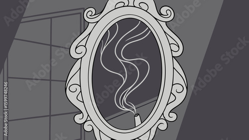 Ornate mirror reflecting smoke in a dimly lit room near a window with a gray color scheme overall