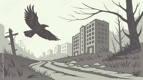 A desolate landscape featuring a crow in flight over a cracked road leading to distant buildings and trees