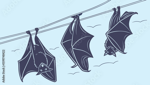 Three bats hanging upside down from wires against a light blue background with small bird shapes