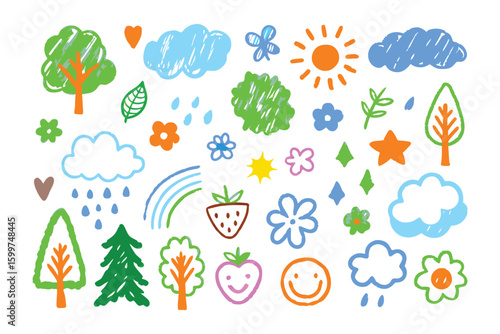 Joyful doodles: cheerful drawings bring smiles with crayon strokes, from smiley to strawberry. 