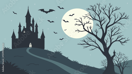 A spooky castle silhouette on a hill under a full moon with bats flying and bare trees in a halloween scene