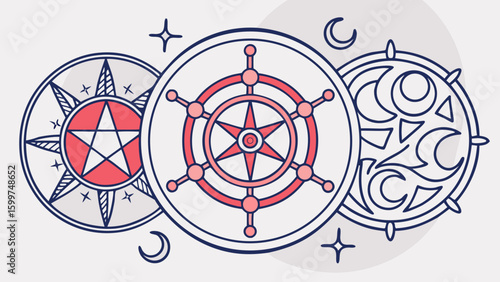 Illustration of three circular symbols with stars, moons, and geometric shapes aligned horizontally
