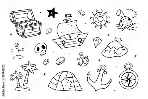Treasure Hunt Doodle: A captivating hand-drawn illustration showcasing the thrill of a treasure hunt. The collection of whimsical pirate elements, including a treasure chest, pirate ship, and compass.