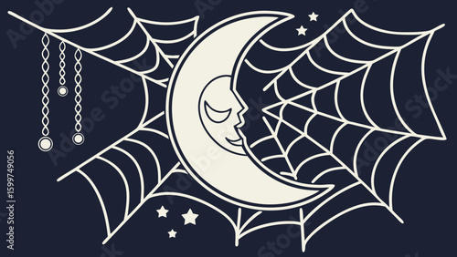 Crescent moon with a face surrounded by spiderwebs and hanging beads on a dark background design