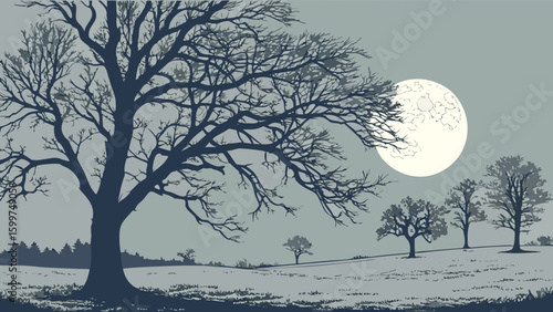 Silhouette of a large tree with bare branches under a full moon in a monochrome landscape scene art