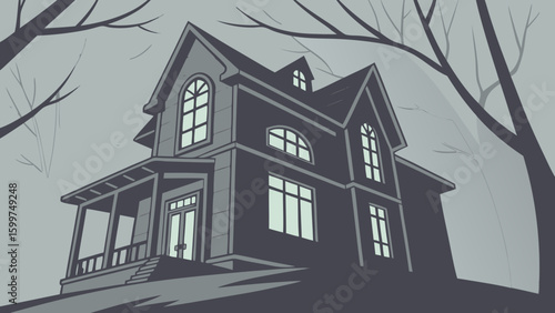 Illustration of a two story house with a porch and trees in a grayscale color palette at night time
