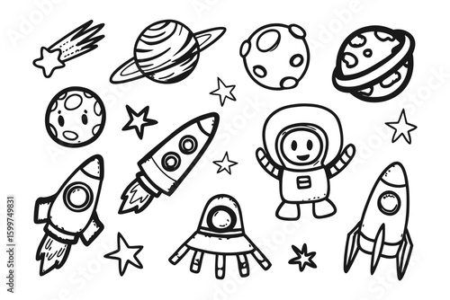 Cosmic Doodle: whimsical illustration captures the magic of space, featuring planets, rockets, stars, and an astronaut, all rendered in playful line art style.