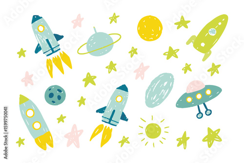 Cosmic Dreamland: A whimsical illustration of space-themed elements, featuring playful rockets, planets, stars, and suns, offering a sense of wonder and exploration.
