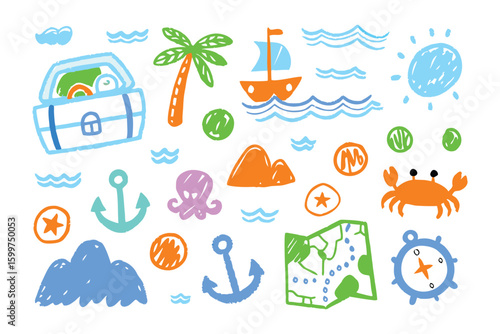 Treasure Island doodles: This charming graphic captures the essence of a children's fantasy, showcasing a vibrant collection of hand-drawn treasures and maritime elements.  Whimsical illustrations.