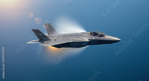 F-35 Lightning II Soaring Above the Ocean with Vapor Cone and Afterburner