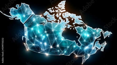 Glowing polygonal digital map of Canada with luminous blue nodes and connected network grid on futuristic dark background, Generative AI