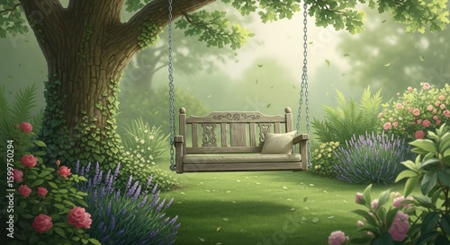 A wooden swing hanging from a tree in a lush garden with flowers and greenery in a peaceful setting
