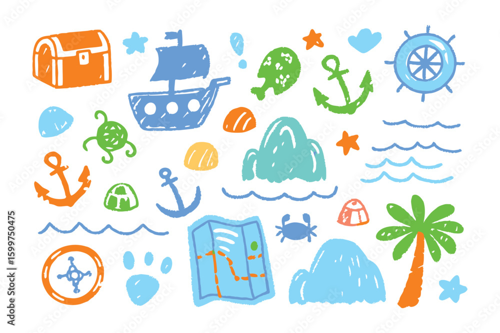 Fototapeta premium A Treasure Trove of Adventure: A vibrant illustration brimming with elements of nautical and pirate themes, capturing the spirit of exploration and the thrill of discovery.
