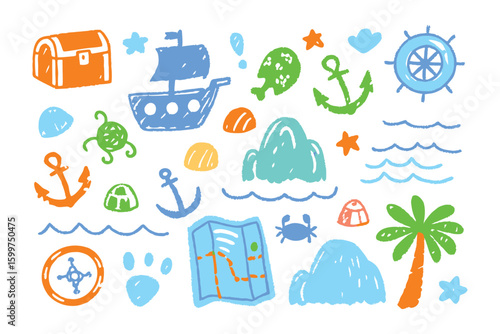 A Treasure Trove of Adventure: A vibrant illustration brimming with elements of nautical and pirate themes, capturing the spirit of exploration and the thrill of discovery.
