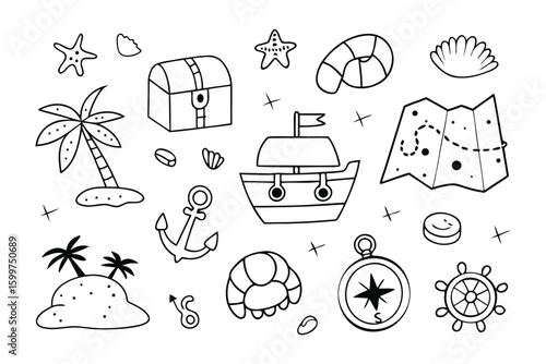 Adventure Awaits: A collection of whimsical illustrations conjures a sense of adventure, featuring a treasure chest, sailing ship, map, and other nautical elements, all rendered in playful line art.