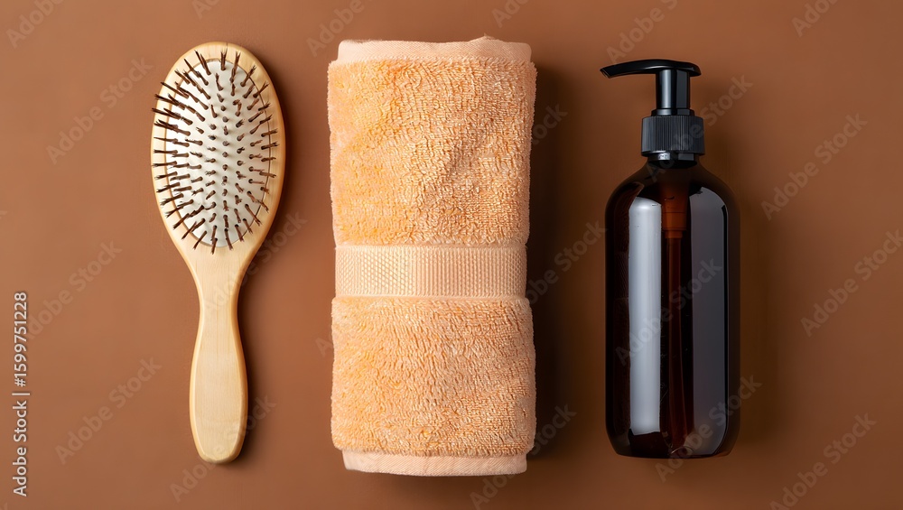 Obraz premium Top-down view of a wooden hairbrush, folded textured towel, and a dark amber pump bottle on a brown background.