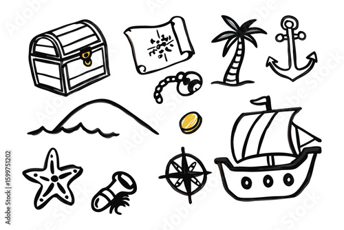 Pirate's Treasure Trove: A whimsical illustrated collection of pirate-themed elements including a treasure chest, a map, palm tree, anchor, sea, coin and telescope, and star fish.
