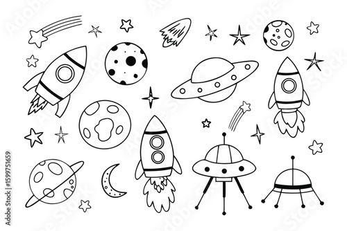 Space Doodle: A playful black and white illustration featuring rockets, planets, stars and other celestial objects. Perfect for space exploration theme.