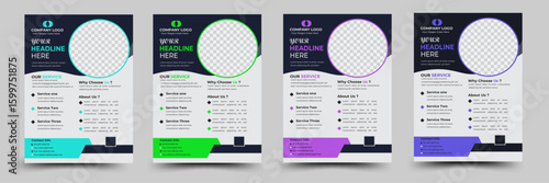 Promotional Corporate Business Flyer design template or brochure design, navy blue, green violet color, natural Shape, Circle shape, layout.