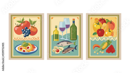 Three framed food themed posters with fruits, fish, wine and vegetables displayed nicely
