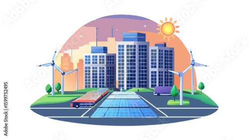 Illustration of a sustainable city with solar panels wind turbines and green energy solutions shown
