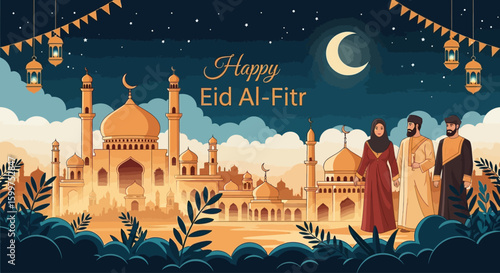 Happy Eid Al-Fitr Celebration with Mosque and Traditional Attire