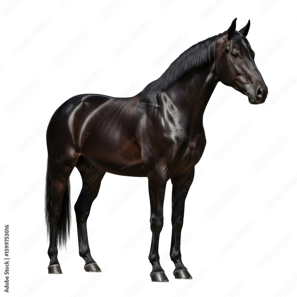 Obraz premium A stunning black horse stands gracefully, showcasing its sleek, dark coat and powerful build. Ideal for themes of equestrian sport, strength, and natural beauty.