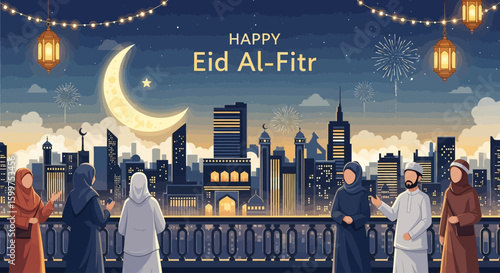 Eid Al-Fitr Celebration Over City Skyline at Night