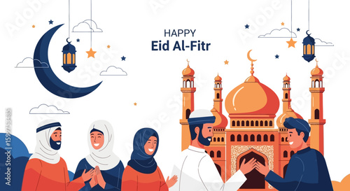 Happy Eid Al-Fitr Celebration with Muslim Community Vector Illustration
