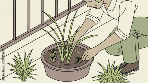 Person planting greenery in a pot on a balcony with a railing and additional plants around it