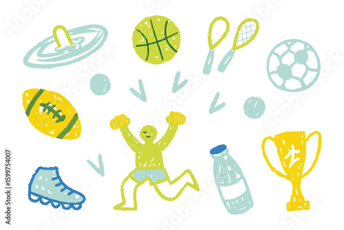 Sport Doodle: A lively illustration captures the essence of physical activity and competition, with various sports symbols and a triumphant figure celebrating the thrill of the game.