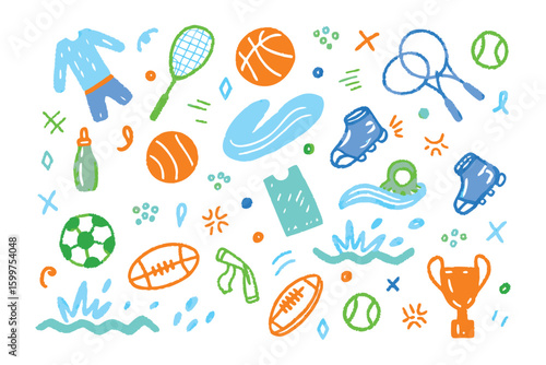Sporting Goods Illustration: A lively vector illustration showcases an array of sports equipment and accessories, artfully arranged in a playful manner.