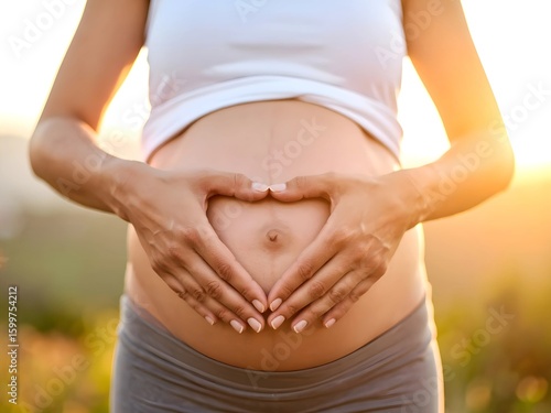 A Pregnant Woman's Belly with Heart-Shaped Hands at Sunset, a Concept of Love and Motherhood, AI Generated
