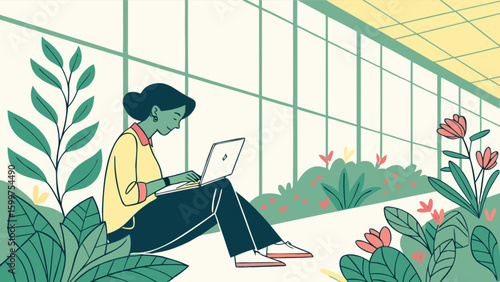 Woman sitting with laptop surrounded by plants in a bright greenhouse environment illustration