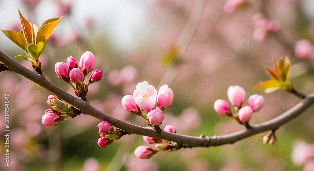 Obraz premium Delicate Pink Blossoms on Branch, Springtime Floral Macro Photography, Soft Focus Background
