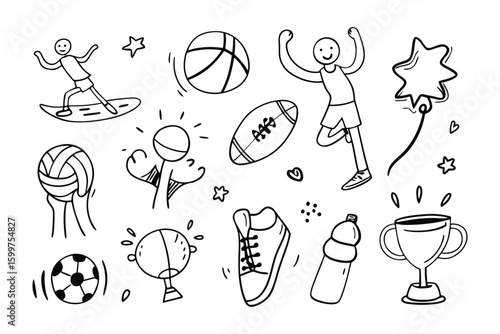 Doodle Sports: A whimsical collection of illustrated sports equipment and figures, perfect for design projects, with dynamic energy, and imaginative composition.