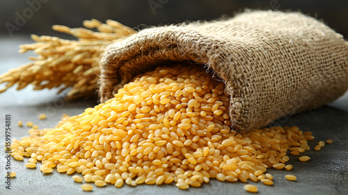 Raw Organic Healthy Millet in a Spoon, Bulgur wheat spilling out from a hessian sack, over white background.