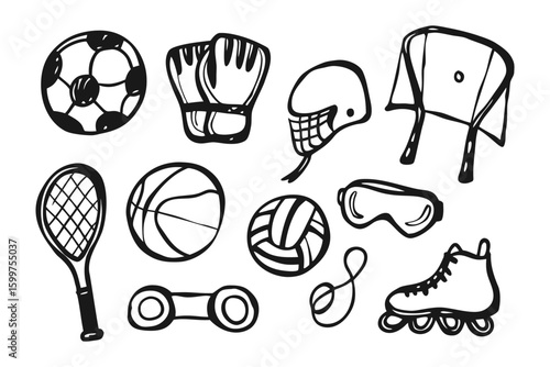 Sports Equipment Collection: A diverse collection of iconic sports equipment artfully illustrated in a classic, monochromatic style.