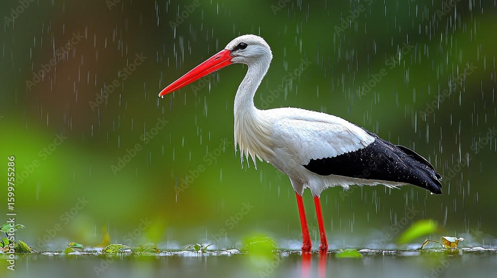 Fototapeta premium Majestic White Stork in the Rain: A Serene Moment in Nature