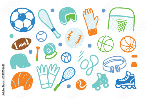 Sports Equipment Collection: A vibrant collection of hand-drawn illustrations of diverse sports equipment, capturing the playful spirit and variety of athletic activities.
