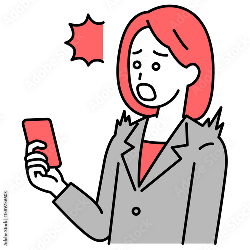 スマートフォンの画面を見て驚くスーツの女性