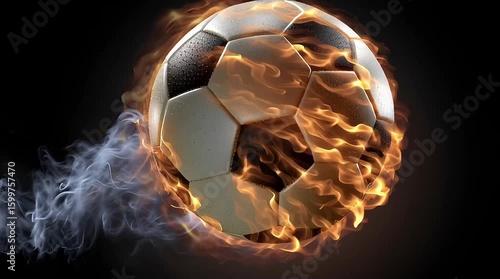 A soccer ball ablaze with fire and smoke, representing intense power and dynamic sports action.
